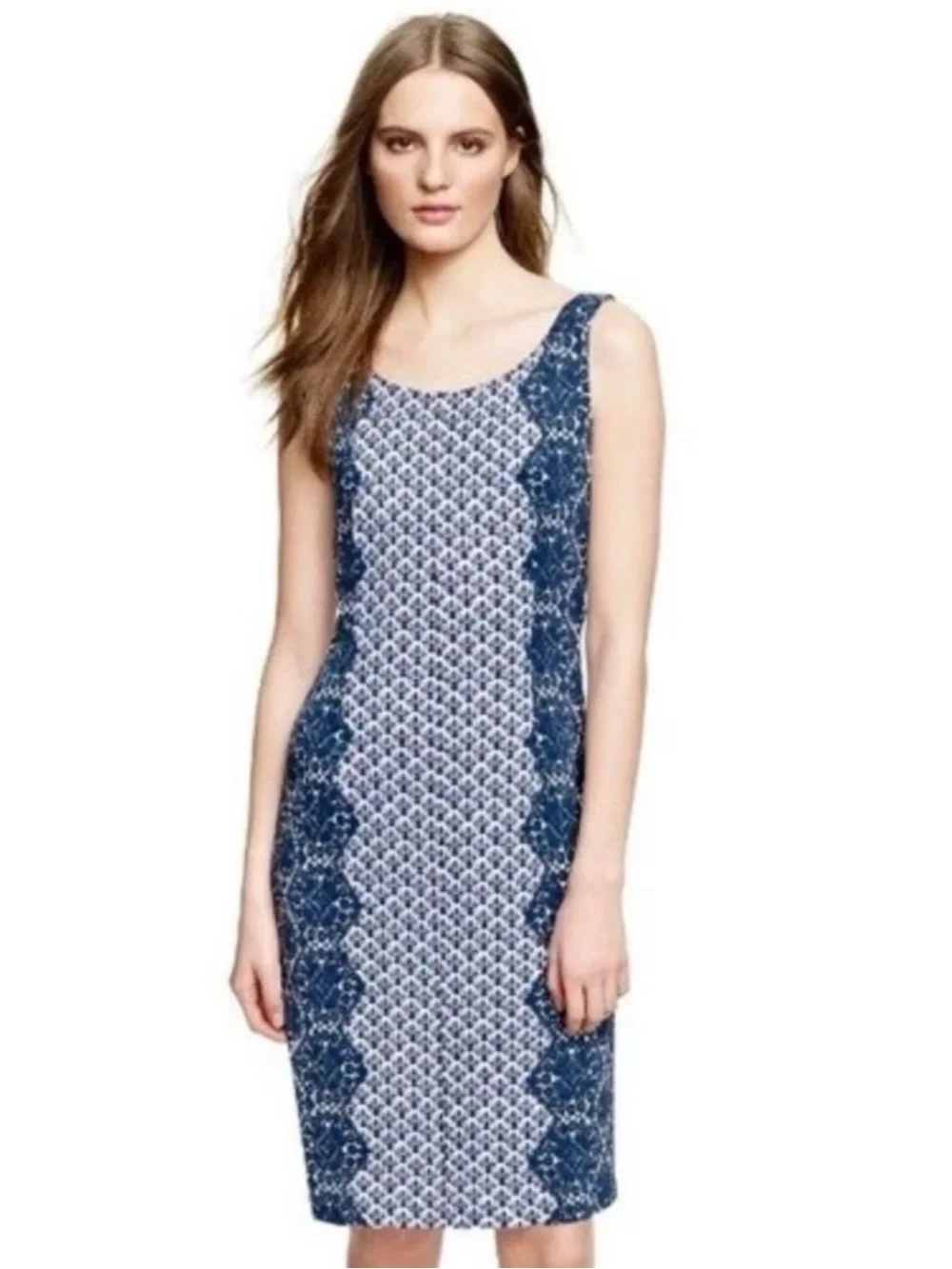 Tory Burch Porter Dress - Navy and White Printed Sheath - Size L